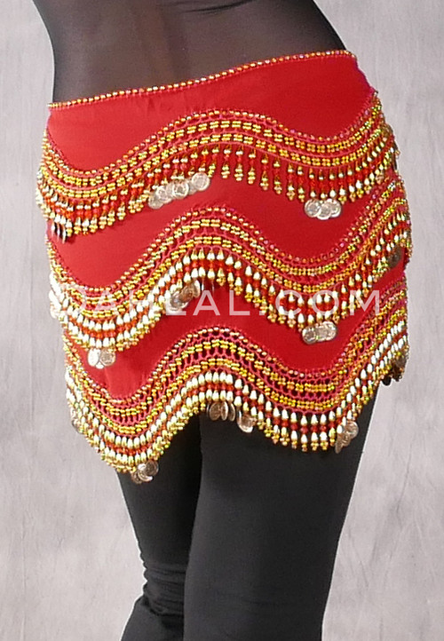 Red Egyptian New Wave Wrap Hip Scarf with Gold