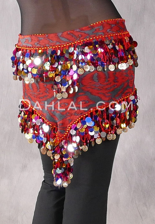 Ikat Print Egyptian Triangle Hip Scarf with Paillettes and Coins for belly dance