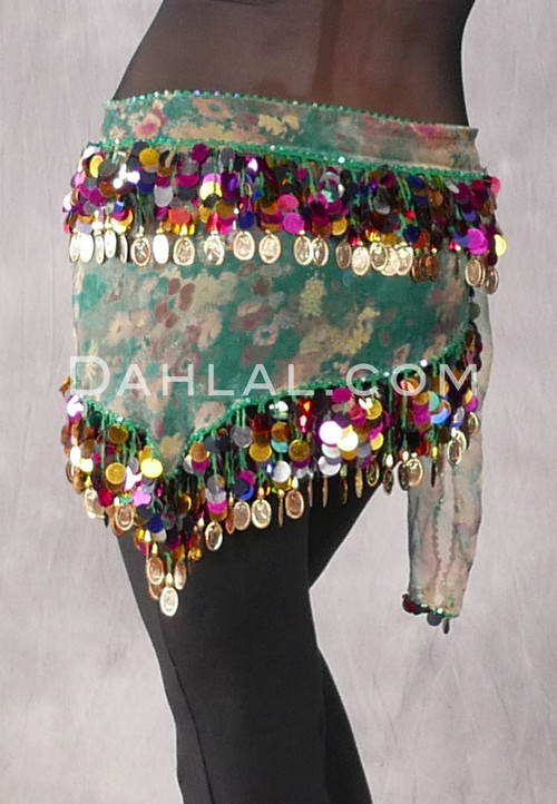 Green Floral Print Egyptian Triangle Hip Scarf with Paillettes and Coins