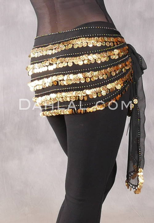 Five-Row Egyptian Coin Hip Scarf - Black and Gold