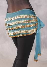 Five-Row Egyptian Coin Hip Scarf - Teal and Gold