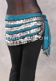 Five-Row Egyptian Coin Hip Scarf - Teal and Silver