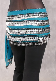 Five-Row Egyptian Coin Hip Scarf - Teal and Silver
