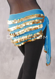 Five-Row Egyptian Coin Hip Scarf - Turquoise and Gold