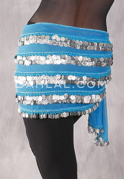 Five-Row Egyptian Coin Hip Scarf - Turquoise and Silver