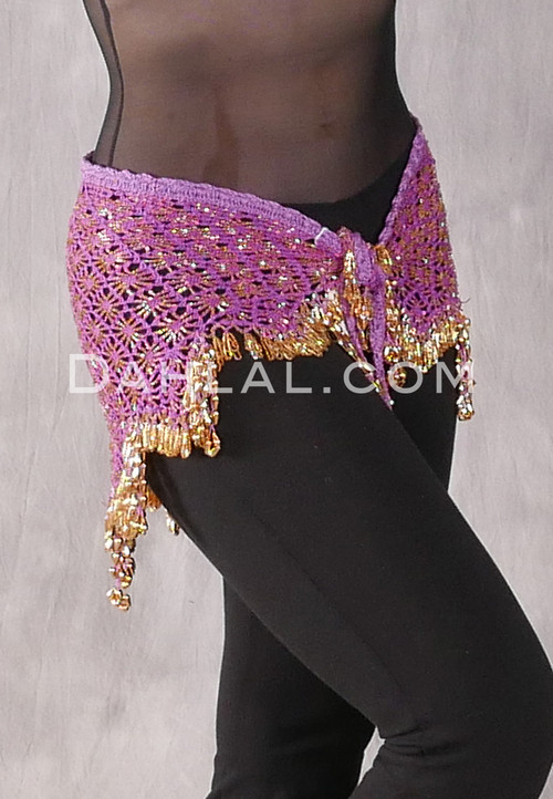 Beaded Crocheted Hip Scarf- Orchid and Gold