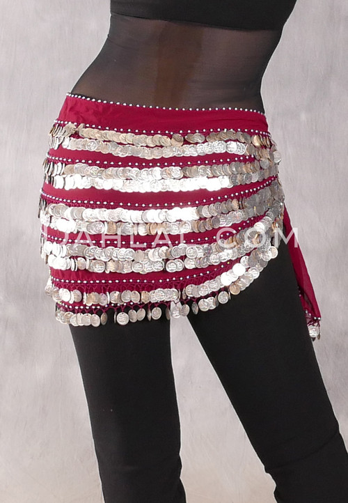 Five-Row Egyptian Coin Hip Scarf - Wine and Silver