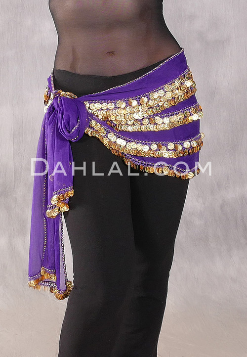 Five-Row Egyptian Coin Hip Scarf - Purple and Gold