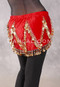 Velvet Crescent Hip Scarf with Zig Zag Bead and Coin Pattern - Red and Gold