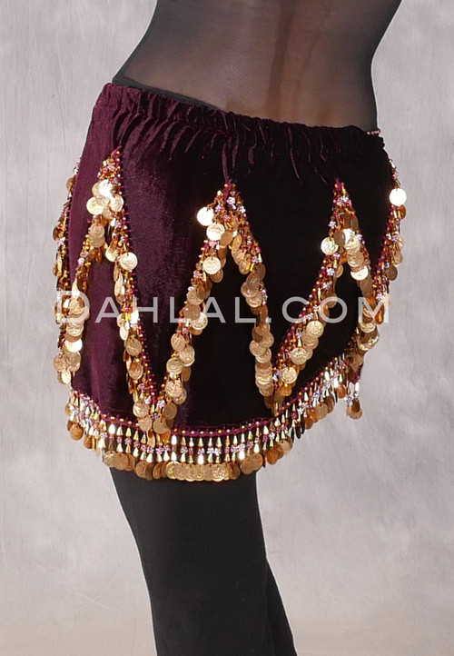 Velvet Crescent Hip Scarf with Zig Zag Bead and Coin Pattern - Wine and Gold