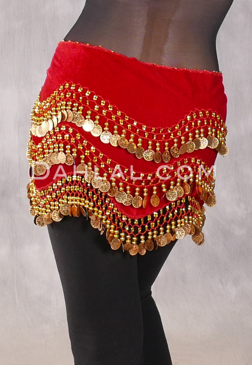 Turkish Velvet Wave Coin Hip Scarf - Red and Gold