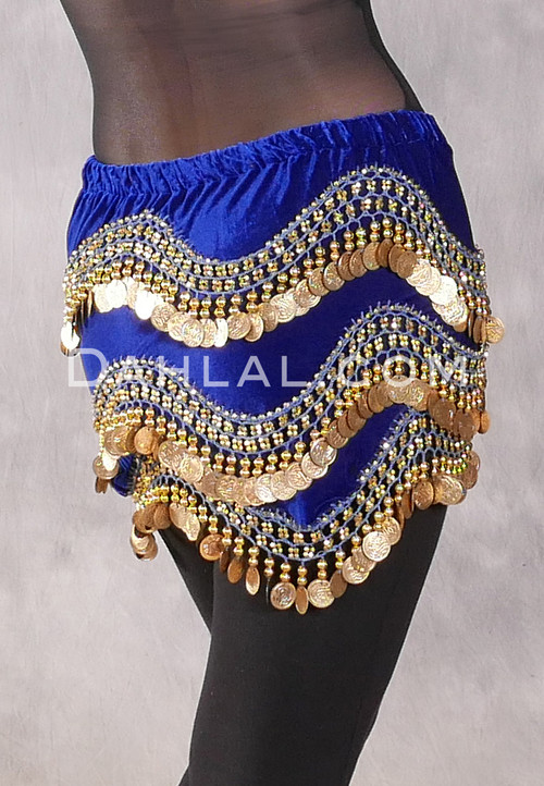 Egyptian Velvet Wave Coin Hip Scarf - Royal Blue and Gold