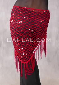 Red Sequin Crocheted Shawl with Fringe