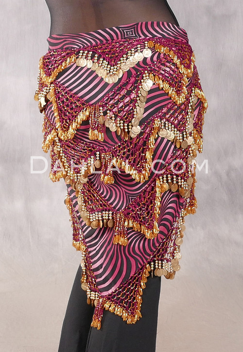 Multi-Row Chevron Bead and Coin Hip Shawl - Animal Print with Gold