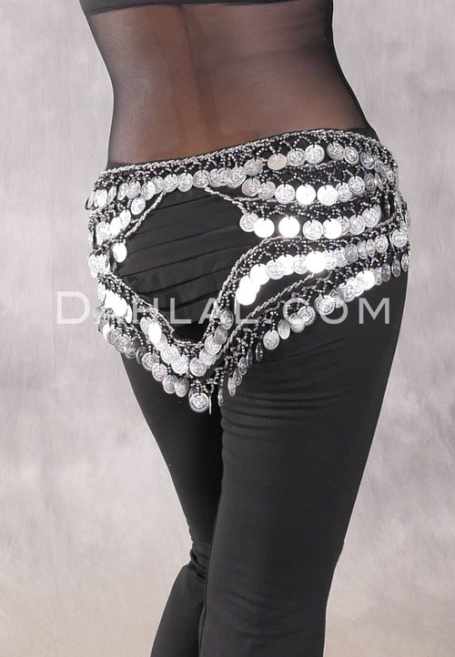 Turkish Coin and Bead Hip Scarf with Strap Detail - Black and Silver