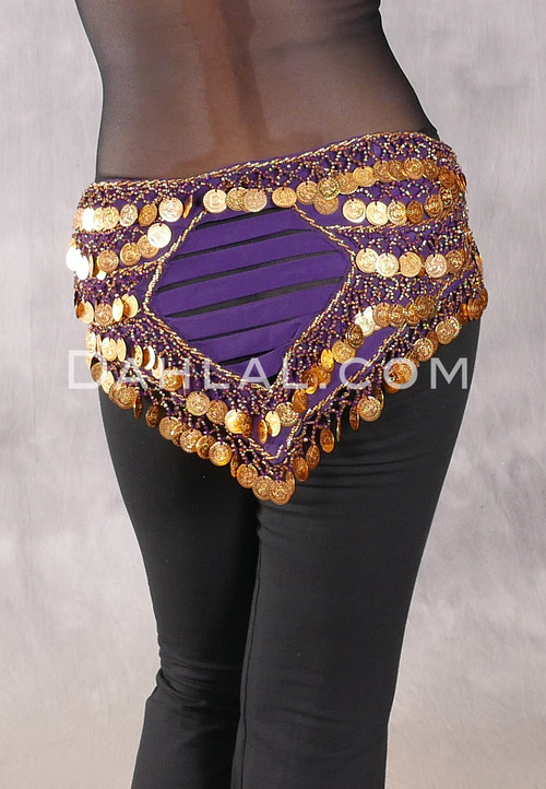 Turkish Coin and Bead Hip Scarf with Ladder Back Detail - Purple and Gold