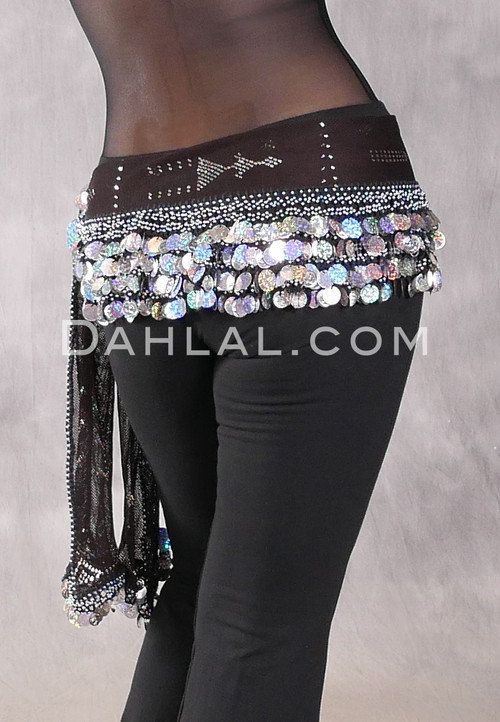 Assuit Beaded Coin and Paillette Egyptian Hip Scarf - Black and Silver