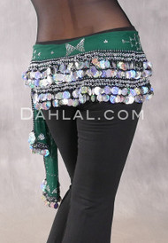 Assuit Beaded Coin and Paillette Egyptian Hip Scarf - Forest Green and Silver