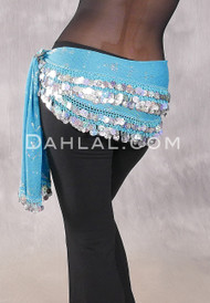 Assuit Beaded Coin and Paillette Egyptian Hip Scarf - Turquoise and Silver
