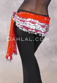 Assuit Beaded Coin and Paillette Egyptian Hip Scarf - Red and Silver