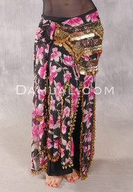 Egyptian Long Ruffle Skirt in black and fuchsia floral