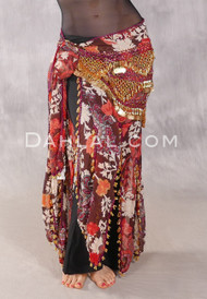 Egyptian Long Ruffle Skirt Hip Scarf in chocolate and red floral print