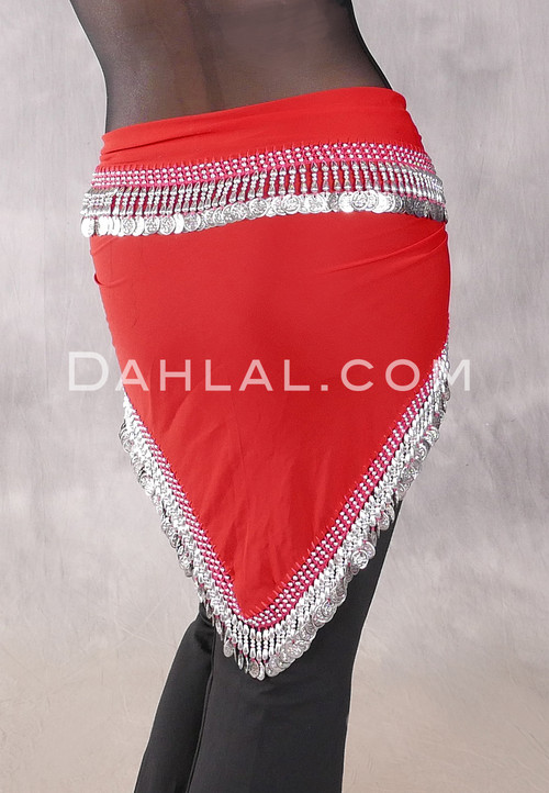 Egyptian Single-Row Teardrop Coin Hip Scarf - Red and Silver