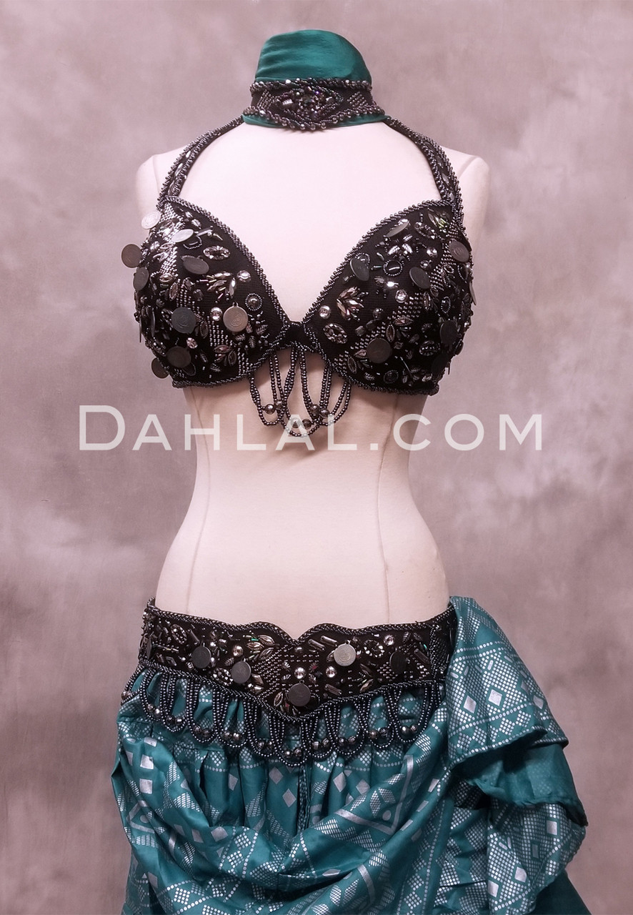 Belly Dance Costume Set : Bra, Belt, And Black Velvet Skirt For