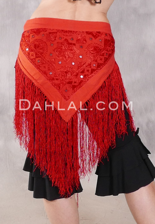 Embroidered Cotton Fringe Hip Scarf with Mirrors - Red