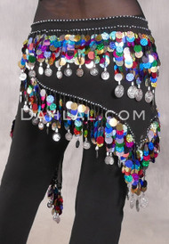 Egyptian TRIANGLE HIP SCARF with Paillettes and Coins - Black and Multi-color