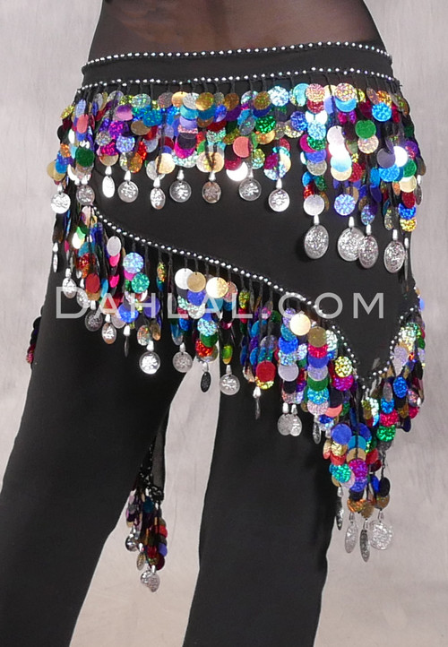 Egyptian TRIANGLE HIP SCARF with Paillettes and Coins - Black and Multi-color