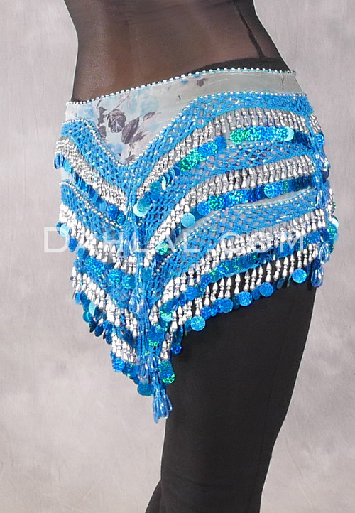 Egyptian Deep V Beaded Hip Wrap with Teardrop Beads - Floral with Turquoise Iris and Silver