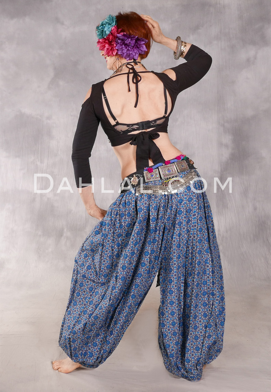 Printed Cotton Harem Pants - Peacock in Charcoal, Blue and Red - Dahlal  Internationale