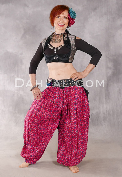 Printed Cotton Harem Pants - Medallions in Brick Red, Fuchsia and Turquoise