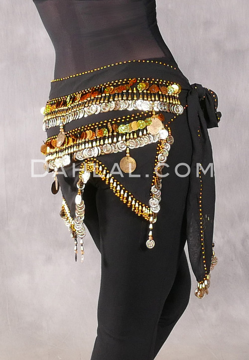 Egyptian Teardrop Wave With Coins & Paillettes Hip Scarf - Solid Black with Gold