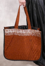 Quilted Silk Brocade Tote Bag - Copper with Silver