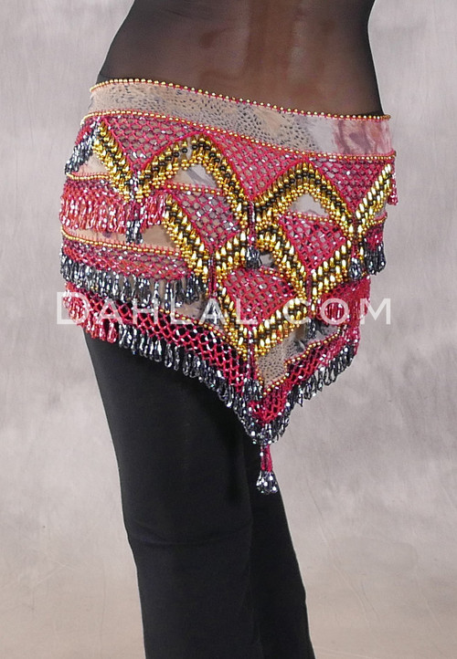 Deep V Beaded Wrap with Teardrop Beads - Animal Print with Red Iris, Charcoal and Gold