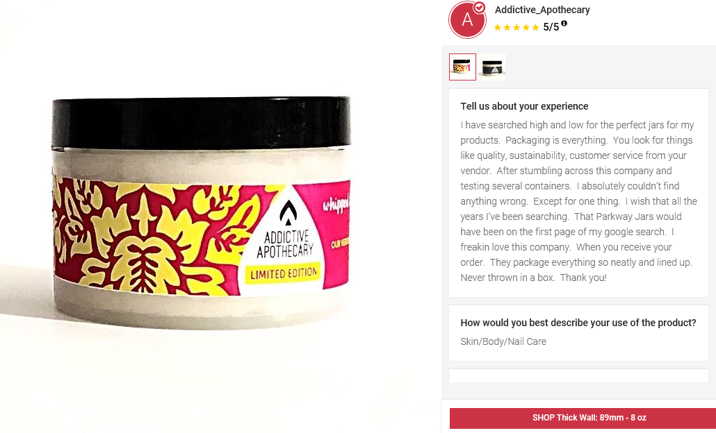 5 Star Customer Review - Addictive Apothecary Limited Edition Whipped Body Balms and Scrubs 5 Star Parkway Plastics Plastic Jar Review