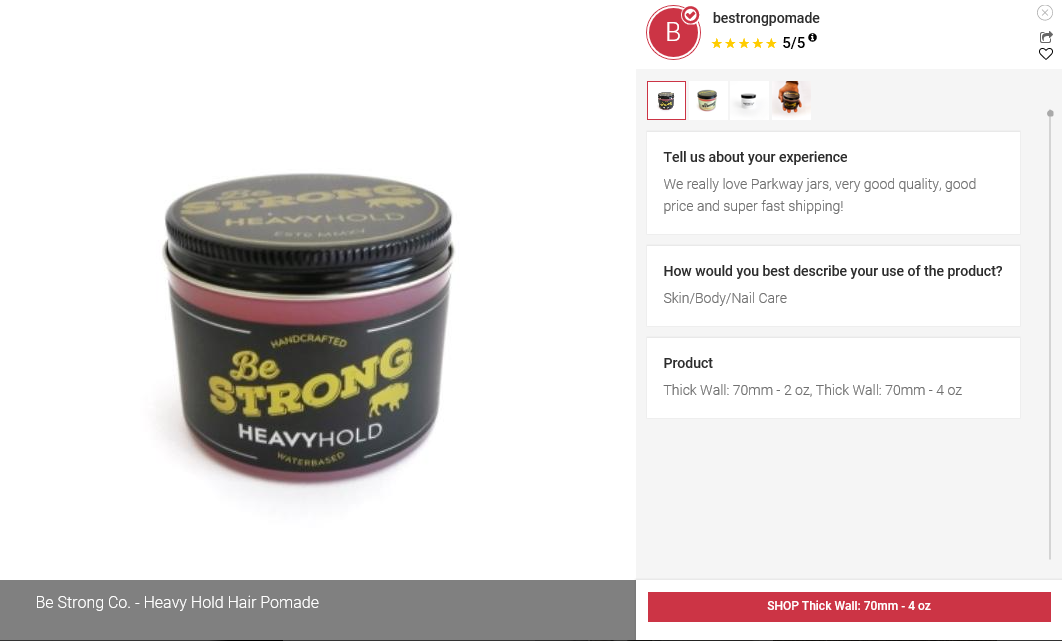5 Star Customer Review - Be Strong Handcrafted Waterbased Heavy Hold Pomade for Sculpting and Styling Thick Hair, providing lasting Control and Definition 5 Star Parkway Plastics Plastic Jar Review