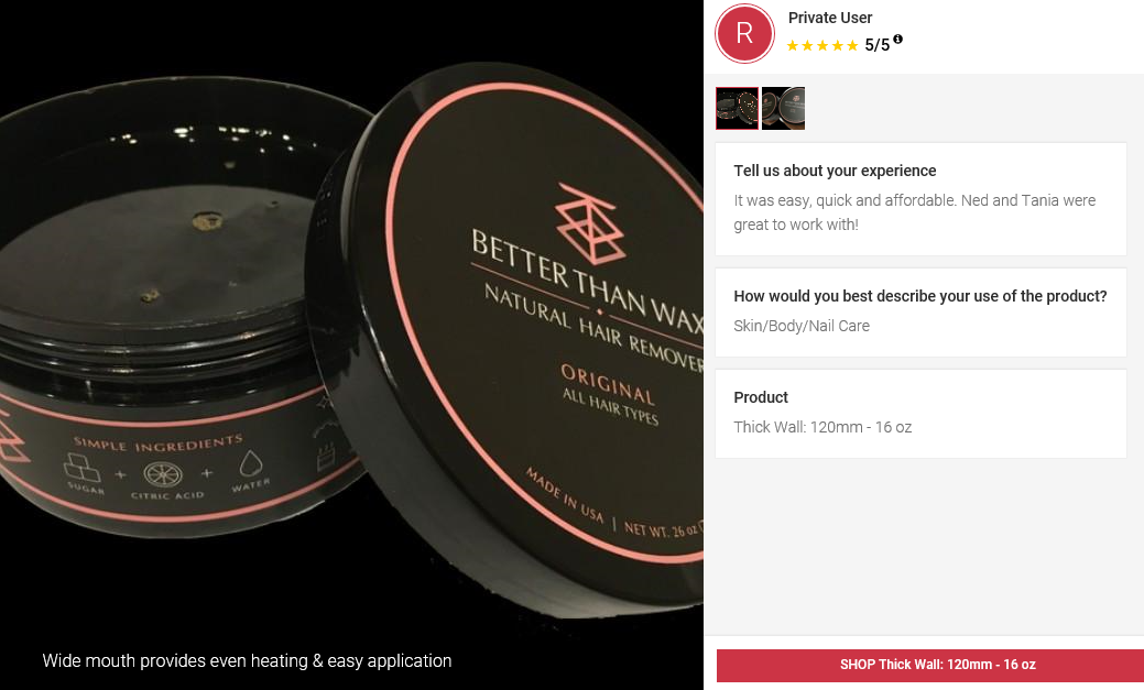5 Star Customer Review - Better Than Wax Natural Haur Remover Simple Ingredients Sugar Citric Acid Water 5 Star Parkway Plastics Plastic Jar Review