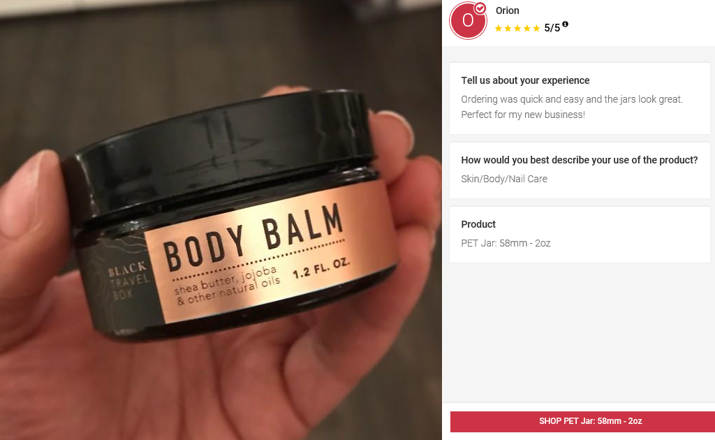 5 Star Customer Review - Orion Black Travel Box Body Balm Shea Butter Jojoba 5 Star Parkway Plastics Plastic Jar Review