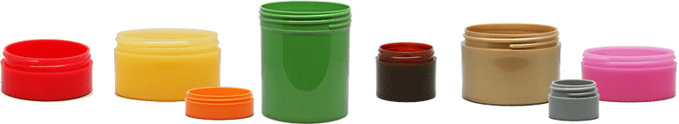 Pink, Red, Yellow, Orange, Green, Amber, Bronze, Gold, Silver Plastic Jars and Caps