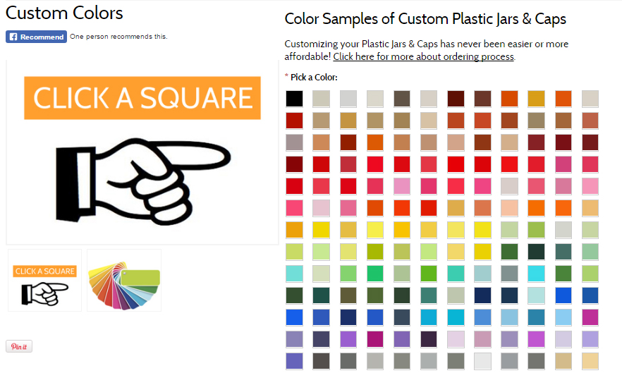 Hand illustration with finger pointing to custom color chart. Text reads 'Click A Square' referring to a color chart with over a hundred custom color squares 