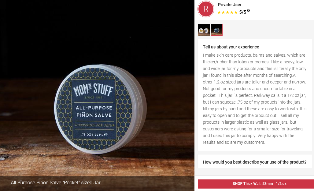 5 Star Customer Review - Mom's Stuff since 1995 Protective Day Face Balm and Nourishing Night Face Balm Superfood for Skin - Skin Care Products, Balms and Salves - 5 Star Parkway Plastics Plastic Jar Review