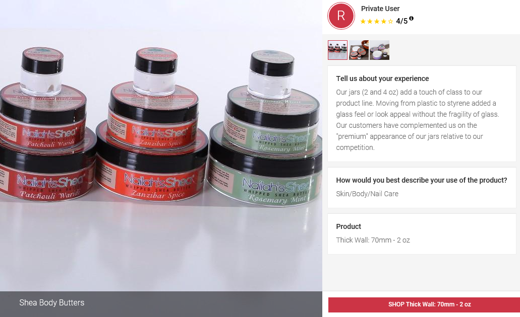 5 Star Customer Review - Nailah's Shea Whipped Shea Butter Rosmary Mint Zanzibar Spice Patchouli Waridi - Skin Care Products, Balms and Salves - 5 Star Parkway Plastics Plastic Jar Review