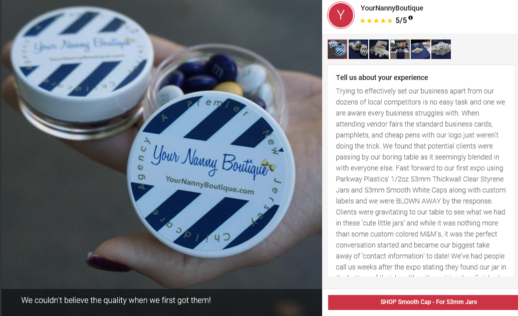 5 Star Customer Review - Your Nanny Boutique Promotional Jars - 5 Star Parkway Plastics Plastic Jar Review