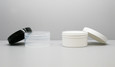 Plastic Jars and caps shown in photo:
(L) Regular Wall: 100mm - 8 oz Clarified; 100mm Smooth Cap Black
(R) Regular Wall: 100mm - 8oz White; 100mm Smooth Cap White

NOTE: Plastic Jars and Caps are sold separately.