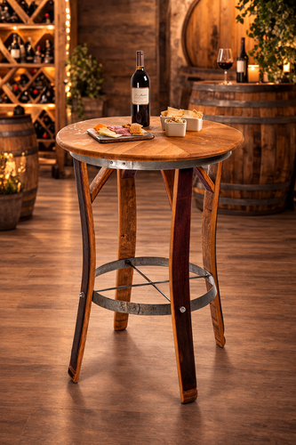 ustic wine barrel bistro table made from reclaimed oak barrel staves with galvanized steel rim and footrest, perfect for wineries, home bars, patios, and tasting rooms.