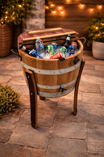 Rustic wine barrel ice cooler with stand 15 gallon outdoor beverage cooler with drain spigot