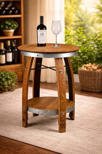 Rustic wine barrel side table made from reclaimed oak wine barrels with round barrel head top and lower shelf